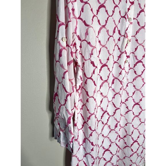 J. McLaughlin Women's size Large white pink roll tab 3/4 sleeve Tunic blouse - Picture 3 of 8